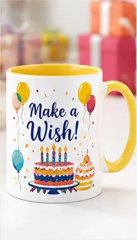 Yellow-handled mug with Make a Wish lettering, birthday cakes and balloons