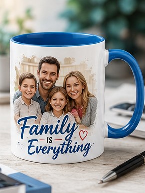Blue handled family caricature mug with Family Is Everything artwork