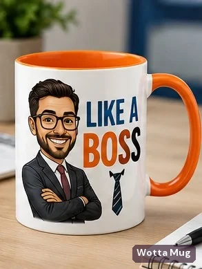 Like a Boss custom caricature mug — orange accent