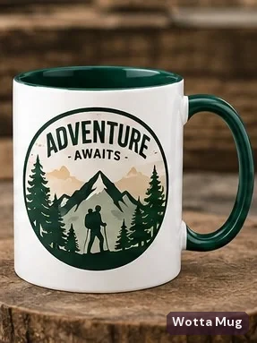 Adventure Awaits custom caricature mug — dark green