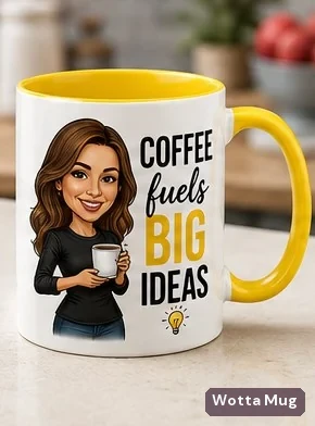 Coffee and Big Ideas caricature mug — yellow