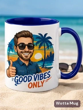 Good Vibes caricature mug — dark blue
