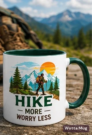 Hiking custom colourful graphic mug — dark green