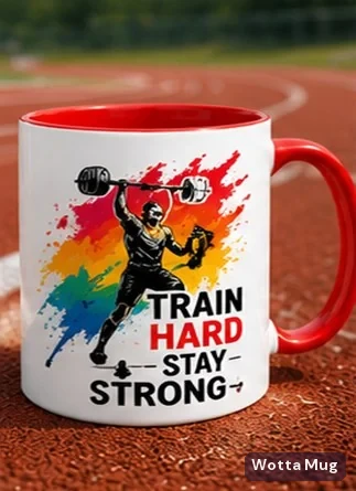 Train Hard custom colourful graphic mug — red