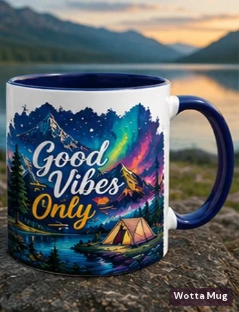 Good Vibes custom colourful graphic mug — dark blue
