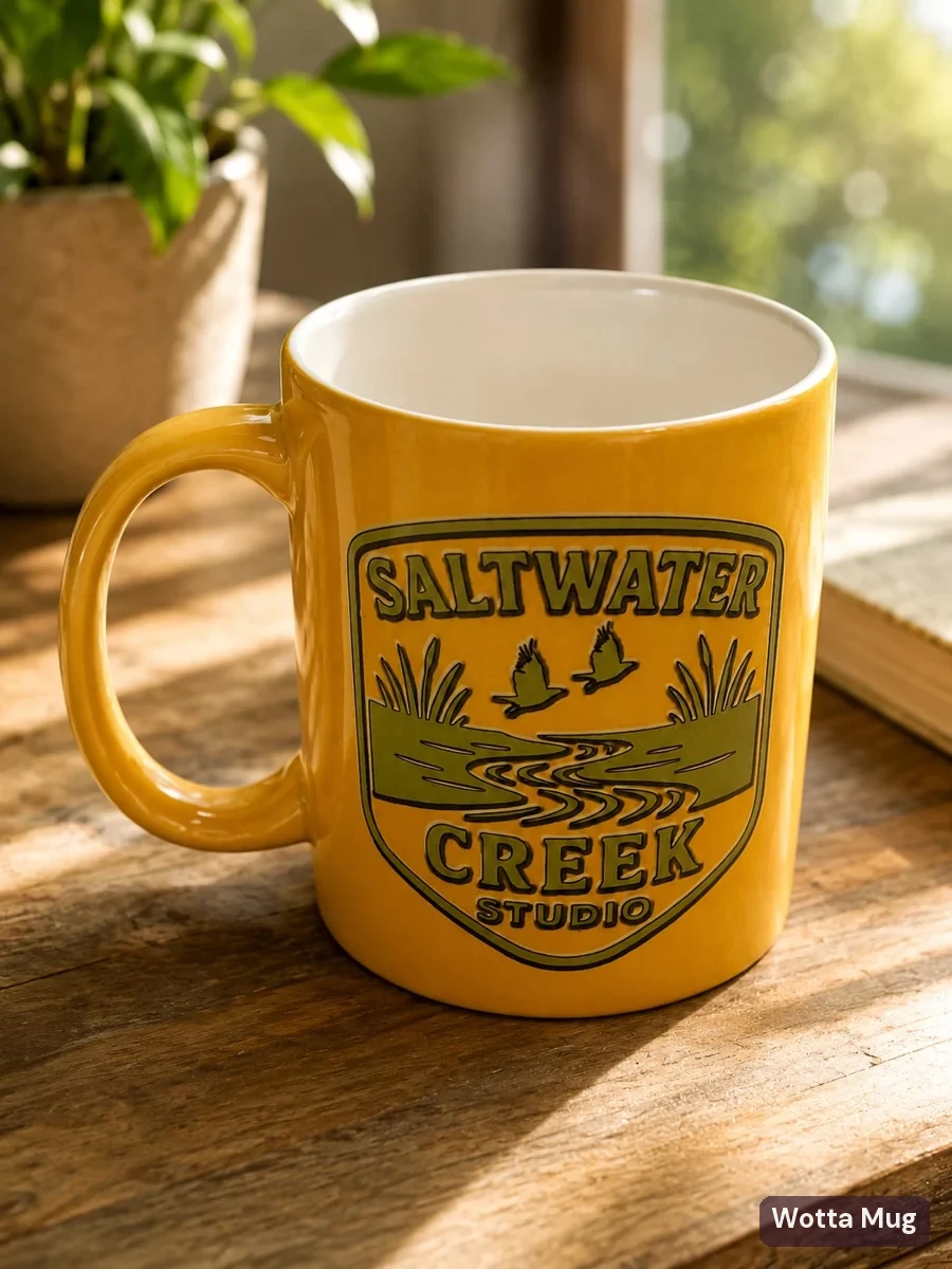 Saltwater Creek Studio custom branded business mug — full-colour sublimation