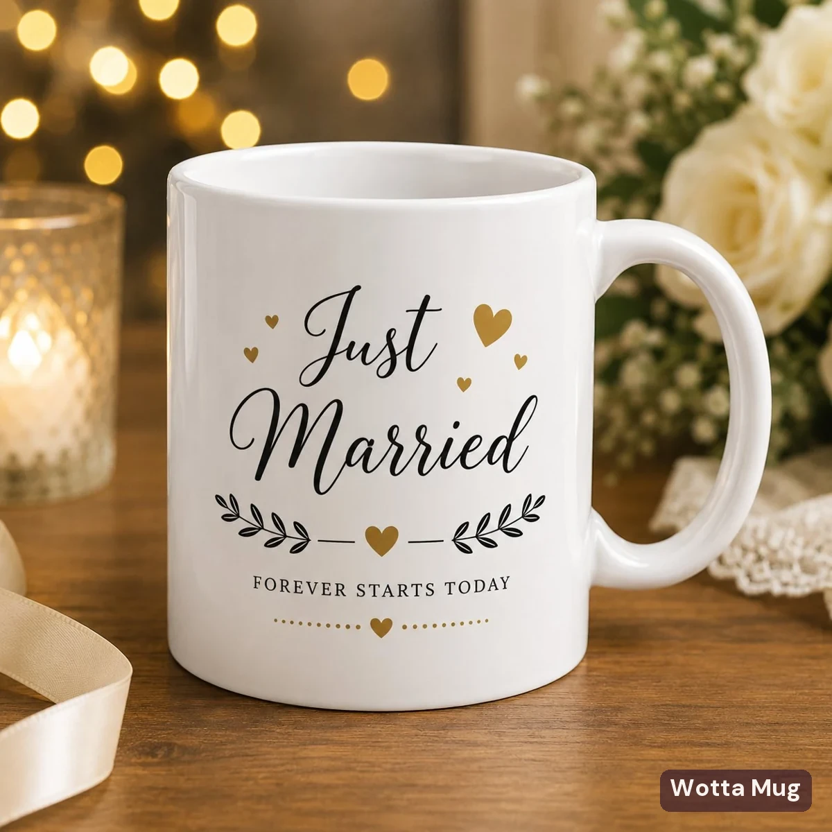 Custom wedding mug — names and date, full-colour sublimation