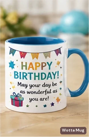 Happy Birthday custom mug — blue accent